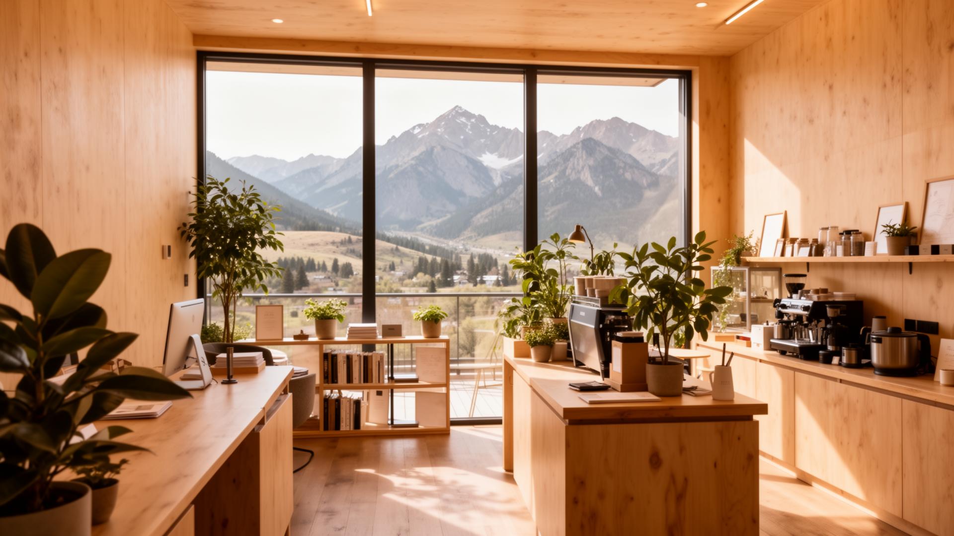 Warm modern Colorado workspace with a Rocky Mountain view